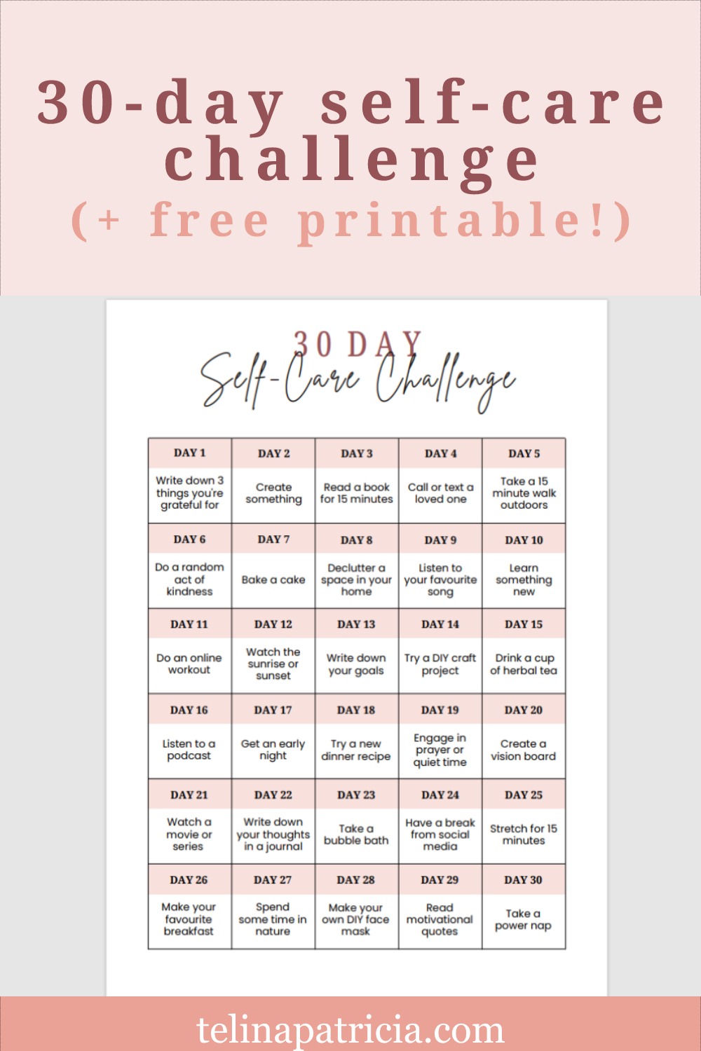 30-Day Self-Care Challenge (Free Printable!) - Telina Patricia